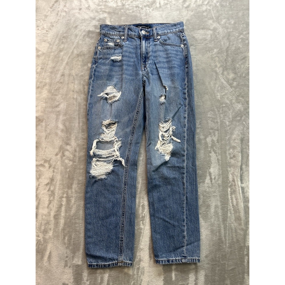 Aeropostale Jeans Womens Sz 0 Blue Mom Distressed Whisker Tapered Mid Rise Denim